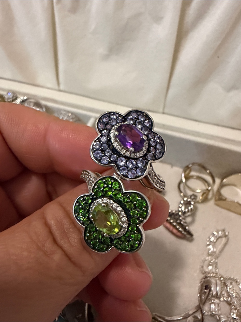 Silver Flower Cluster Ring with Purple and Green Gems
